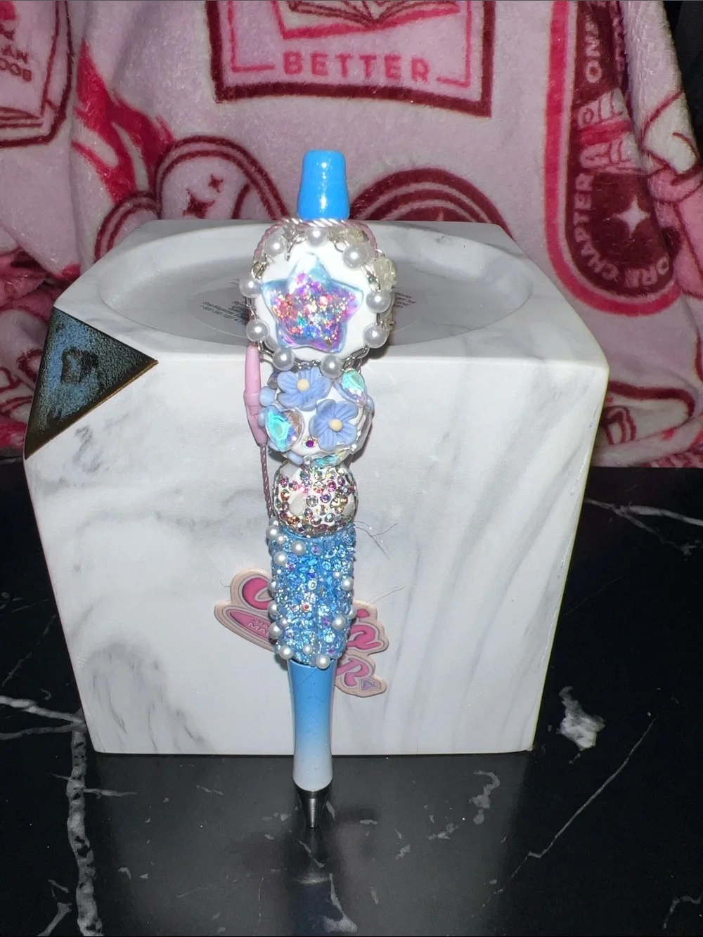 Blue Sparkle Decorative Pen with Star and Floral Charms